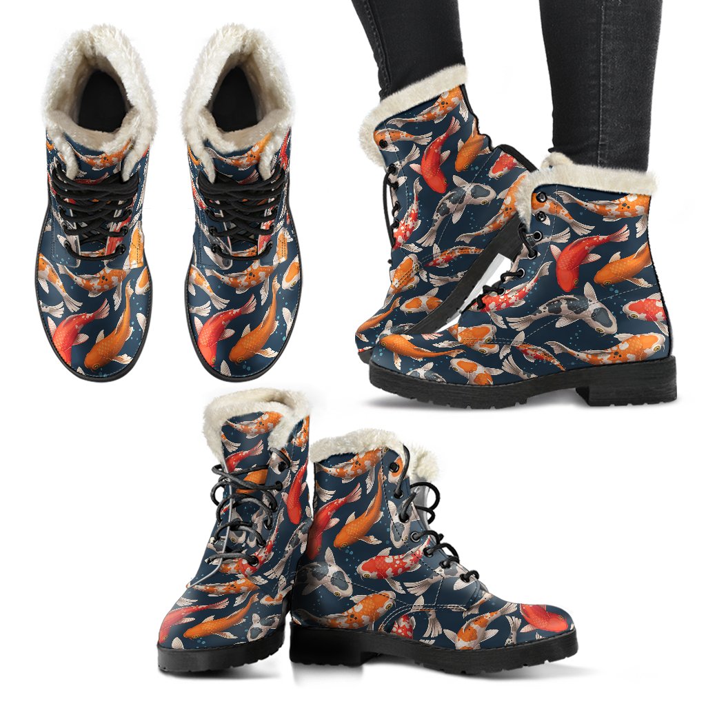 Koi Carp Cute Design Themed Print Faux Fur Leather Boots-JTAMIGO.COM