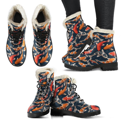 Koi Carp Cute Design Themed Print Faux Fur Leather Boots-JTAMIGO.COM