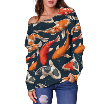Koi Carp Cute Design Themed Print Off Shoulder Sweatshirt