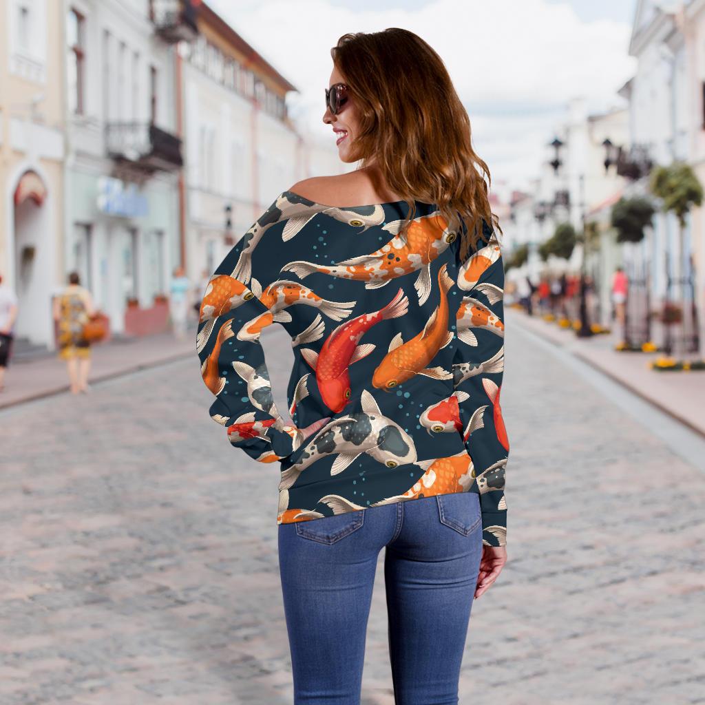 Koi Carp Cute Design Themed Print Off Shoulder Sweatshirt
