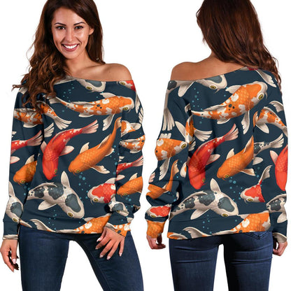 Koi Carp Cute Design Themed Print Off Shoulder Sweatshirt