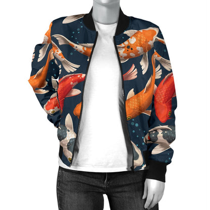 Koi Carp Cute Design Themed Print Women Casual Bomber Jacket