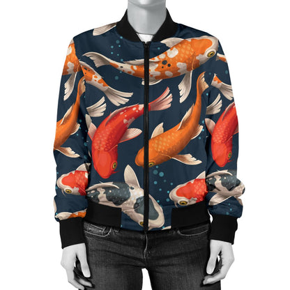 Koi Carp Cute Design Themed Print Women Casual Bomber Jacket