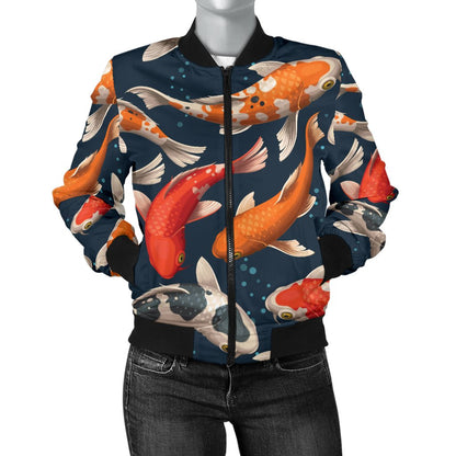 Koi Carp Cute Design Themed Print Women Casual Bomber Jacket