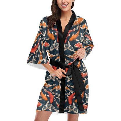Koi Carp Cute Design Themed Print Women Short Kimono Robe