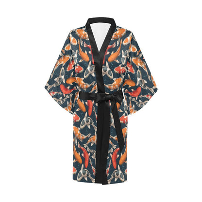 Koi Carp Cute Design Themed Print Women Short Kimono Robe