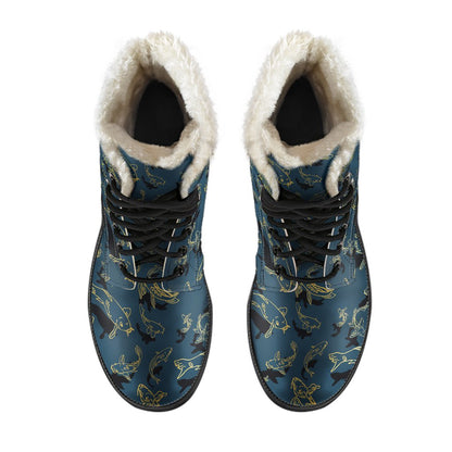 Koi Carp Gold Design Themed Print Faux Fur Leather Boots-JTAMIGO.COM