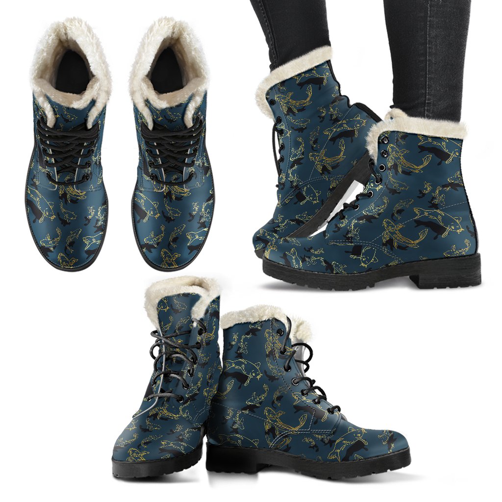 Koi Carp Gold Design Themed Print Faux Fur Leather Boots-JTAMIGO.COM