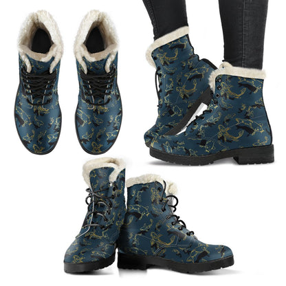 Koi Carp Gold Design Themed Print Faux Fur Leather Boots-JTAMIGO.COM