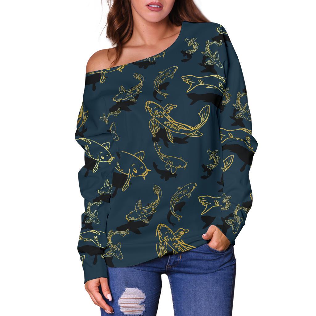 Koi Carp Gold Design Themed Print Off Shoulder Sweatshirt