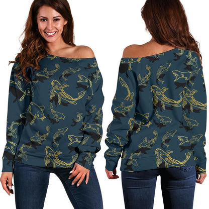 Koi Carp Gold Design Themed Print Off Shoulder Sweatshirt