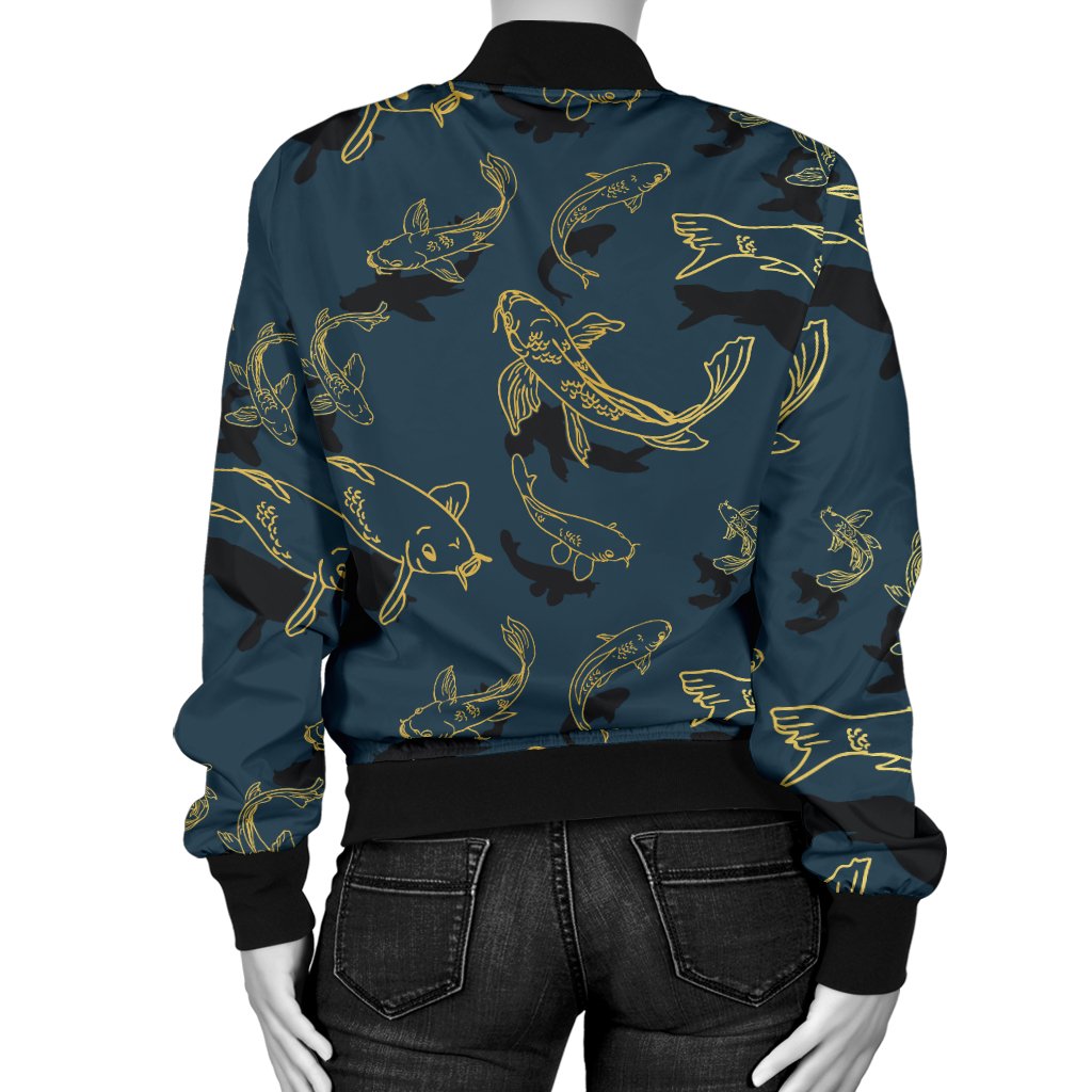 Koi Carp Gold Design Themed Print Women Casual Bomber Jacket