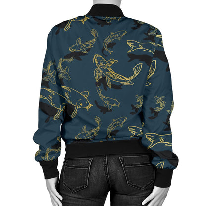 Koi Carp Gold Design Themed Print Women Casual Bomber Jacket