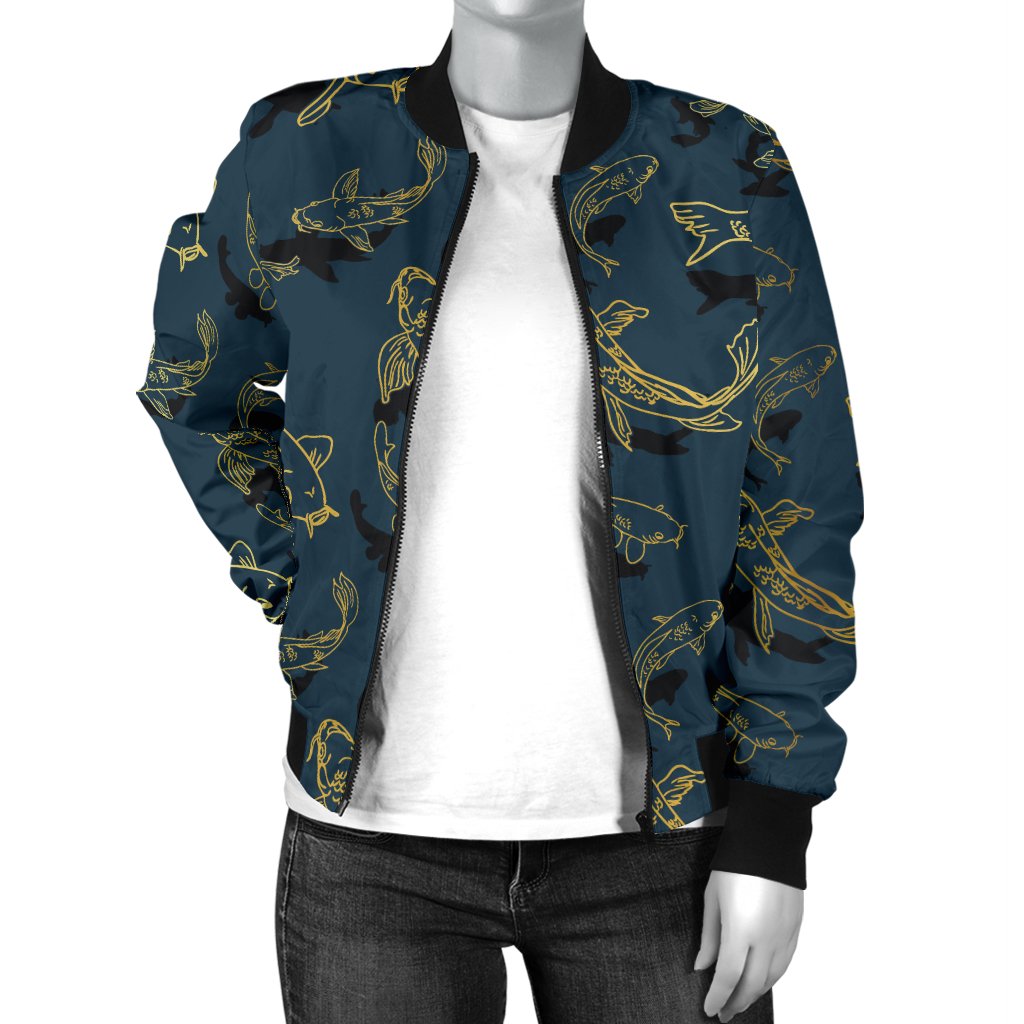 Koi Carp Gold Design Themed Print Women Casual Bomber Jacket