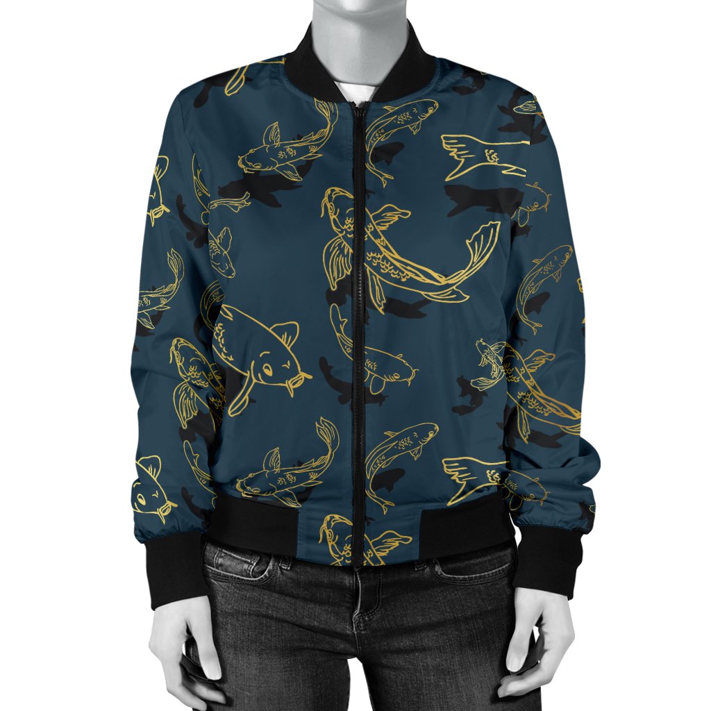 Koi Carp Gold Design Themed Print Women Casual Bomber Jacket
