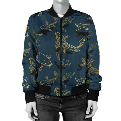Koi Carp Gold Design Themed Print Women Casual Bomber Jacket