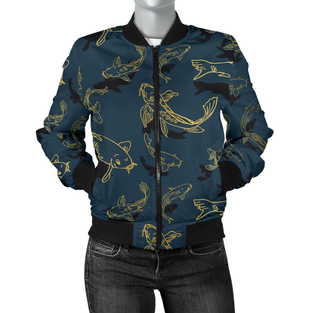 Koi Carp Gold Design Themed Print Women Casual Bomber Jacket
