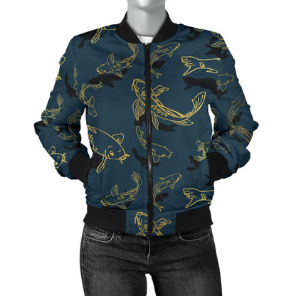 Koi Carp Gold Design Themed Print Women Casual Bomber Jacket