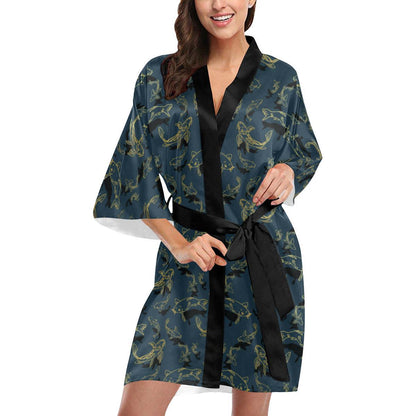 Koi Carp Gold Design Themed Print Women Short Kimono Robe