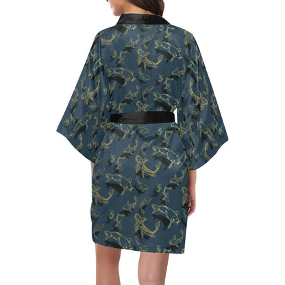 Koi Carp Gold Design Themed Print Women Short Kimono Robe