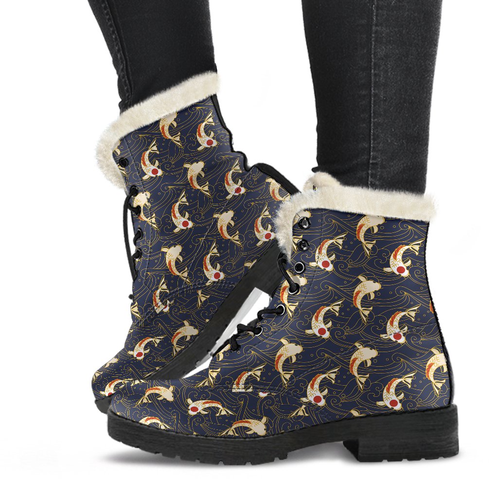 Koi Carp Japanese Design Themed Print Faux Fur Leather Boots-JTAMIGO.COM