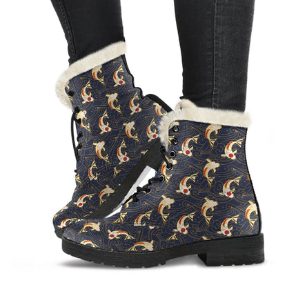 Koi Carp Japanese Design Themed Print Faux Fur Leather Boots-JTAMIGO.COM