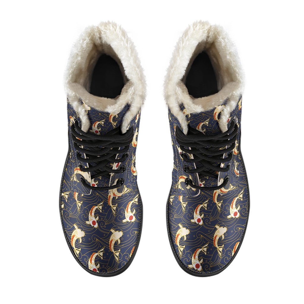 Koi Carp Japanese Design Themed Print Faux Fur Leather Boots-JTAMIGO.COM
