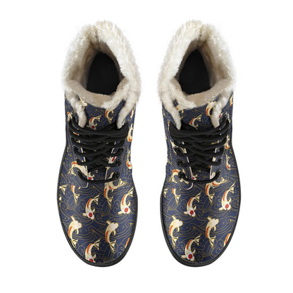 Koi Carp Japanese Design Themed Print Faux Fur Leather Boots-JTAMIGO.COM