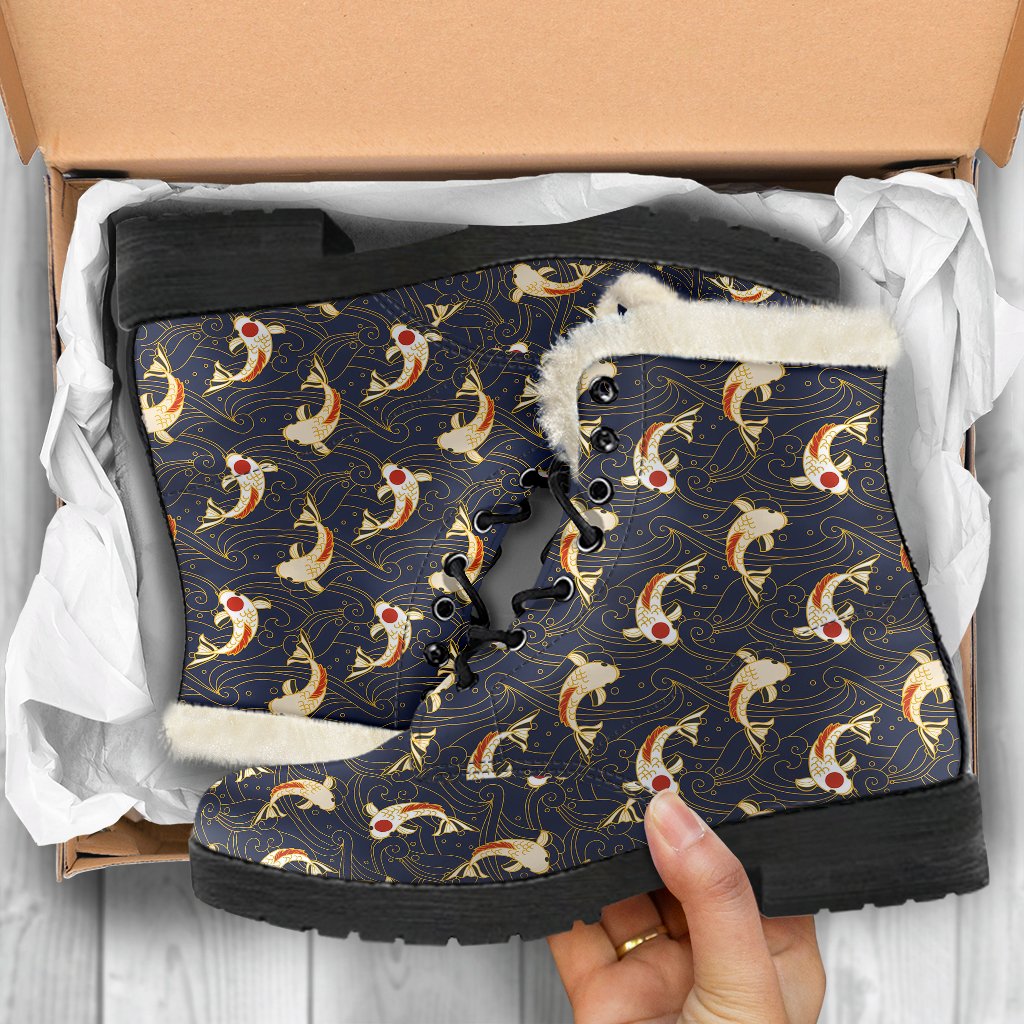 Koi Carp Japanese Design Themed Print Faux Fur Leather Boots-JTAMIGO.COM