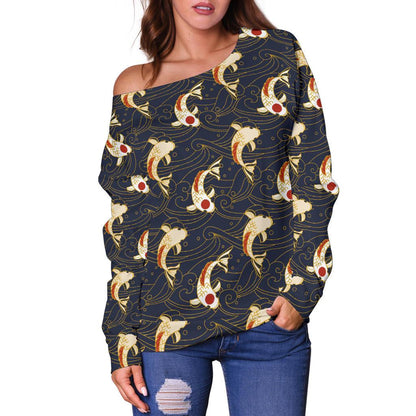 Koi Carp Japanese Design Themed Print Off Shoulder Sweatshirt