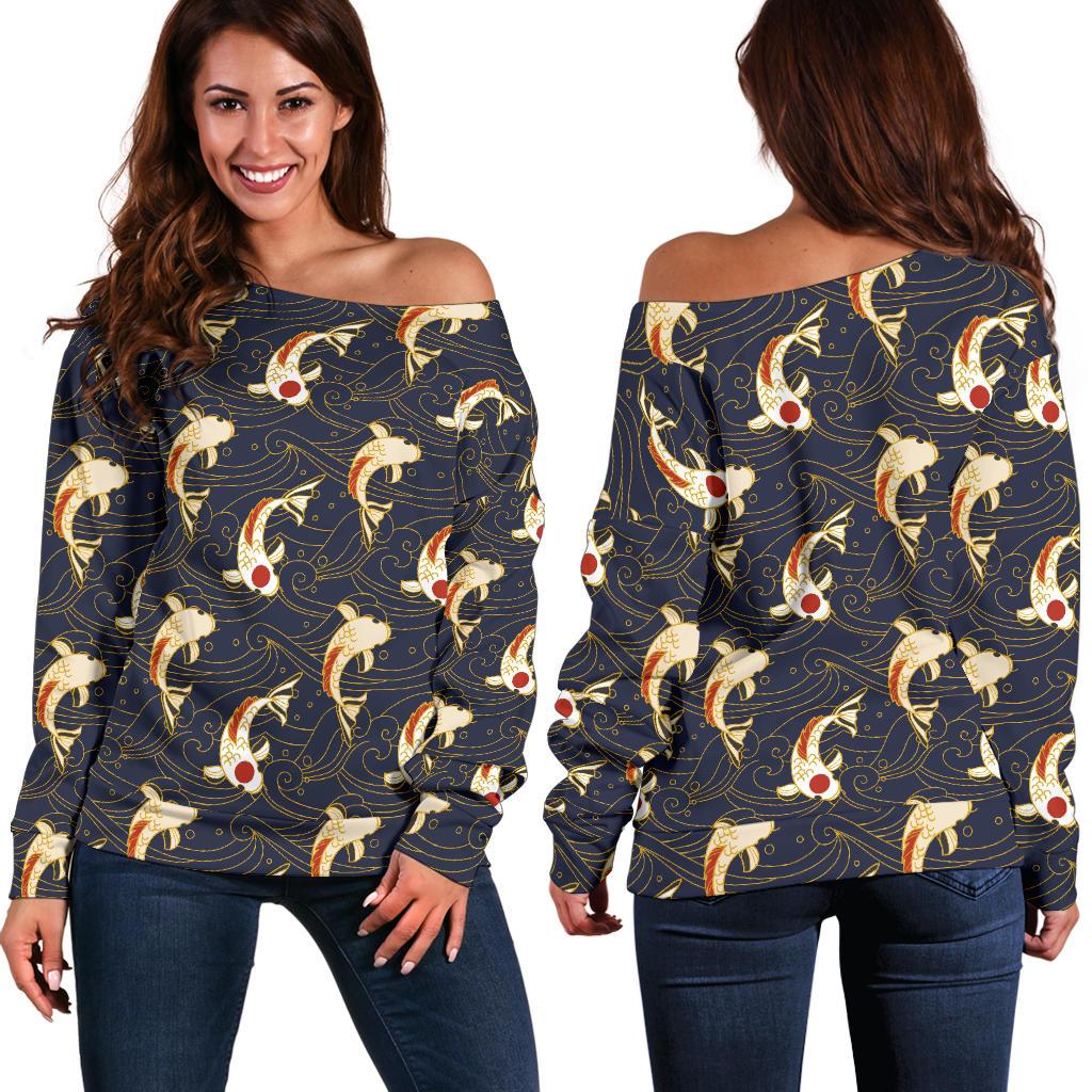 Koi Carp Japanese Design Themed Print Off Shoulder Sweatshirt