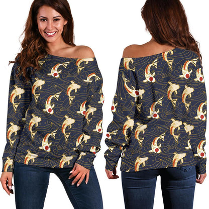 Koi Carp Japanese Design Themed Print Off Shoulder Sweatshirt