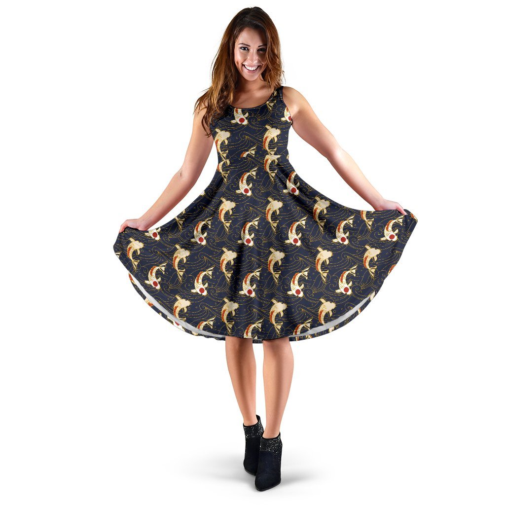 Koi Carp Japanese Design Themed Print Sleeveless Dress