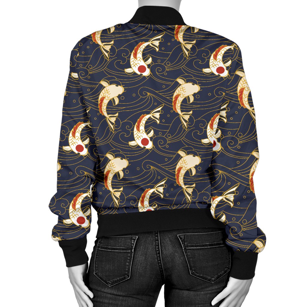 Koi Carp Japanese Design Themed Print Women Casual Bomber Jacket