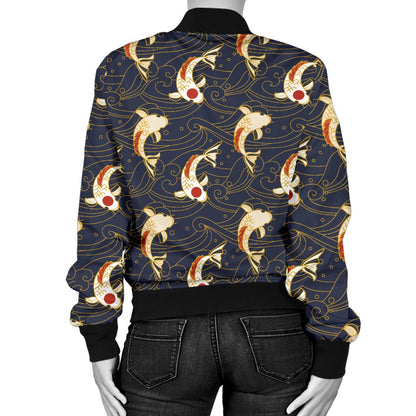 Koi Carp Japanese Design Themed Print Women Casual Bomber Jacket