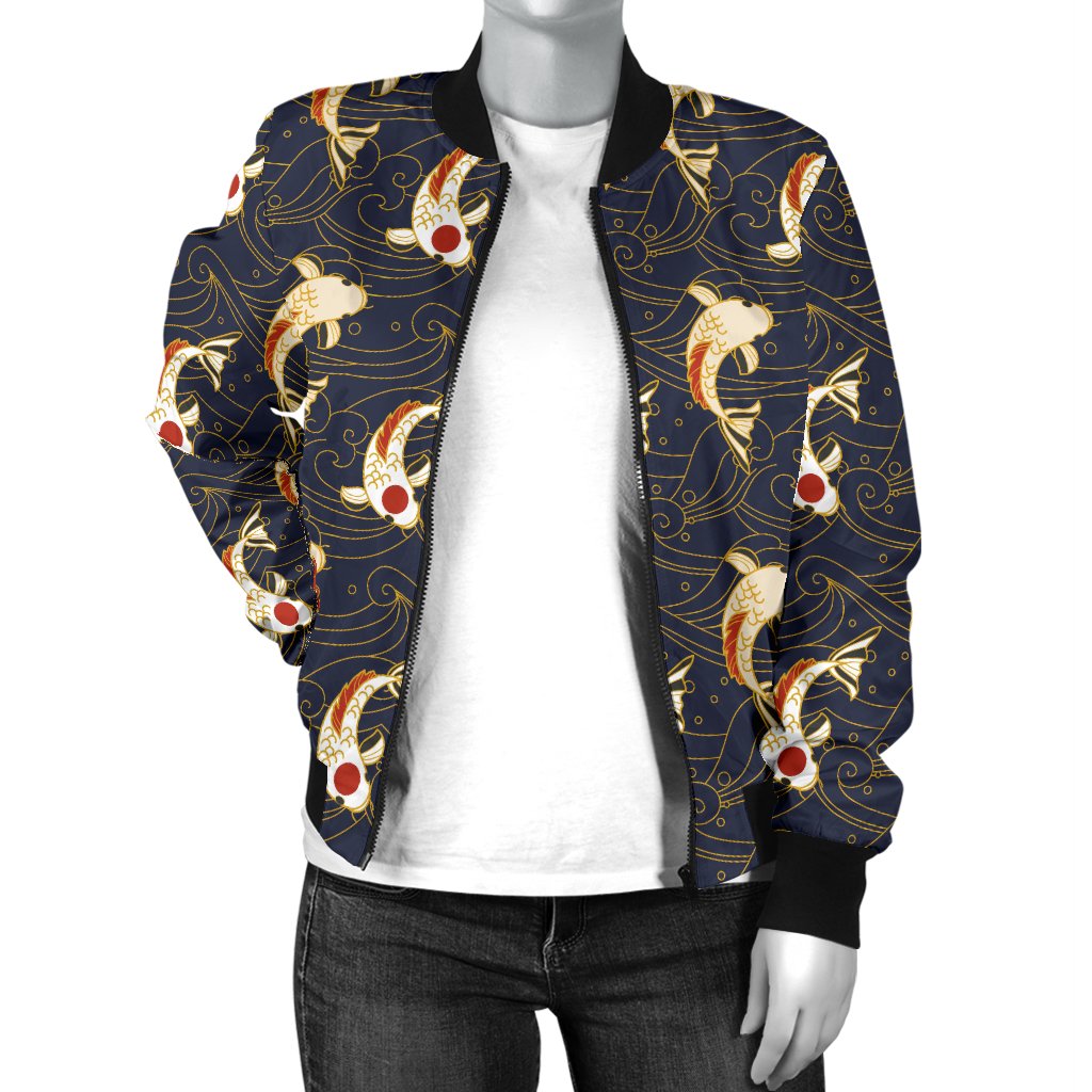 Koi Carp Japanese Design Themed Print Women Casual Bomber Jacket