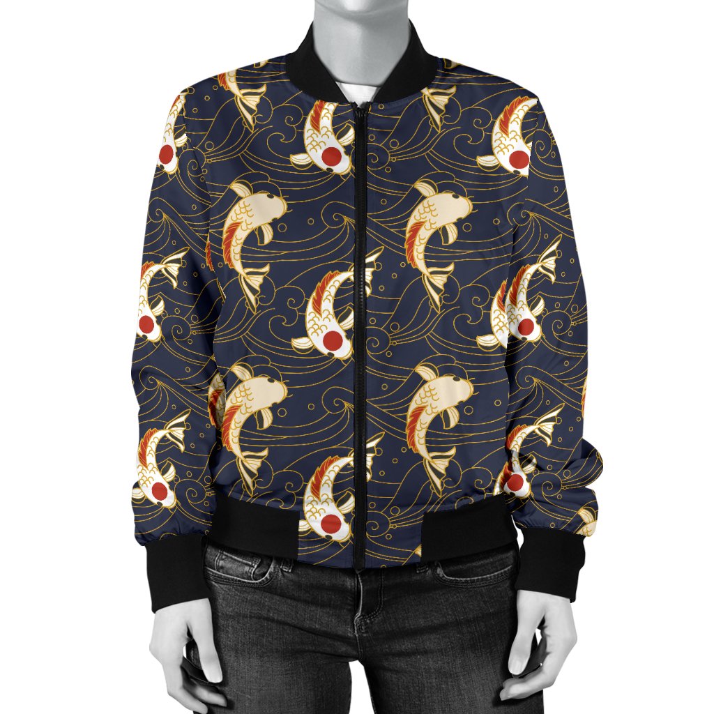Koi Carp Japanese Design Themed Print Women Casual Bomber Jacket