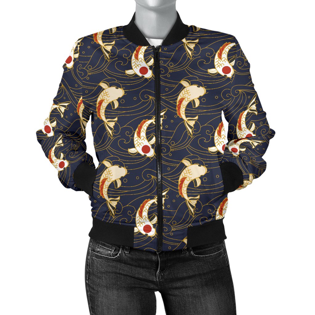 Koi Carp Japanese Design Themed Print Women Casual Bomber Jacket