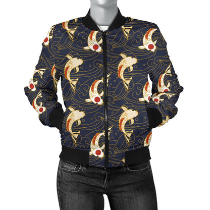 Koi Carp Japanese Design Themed Print Women Casual Bomber Jacket