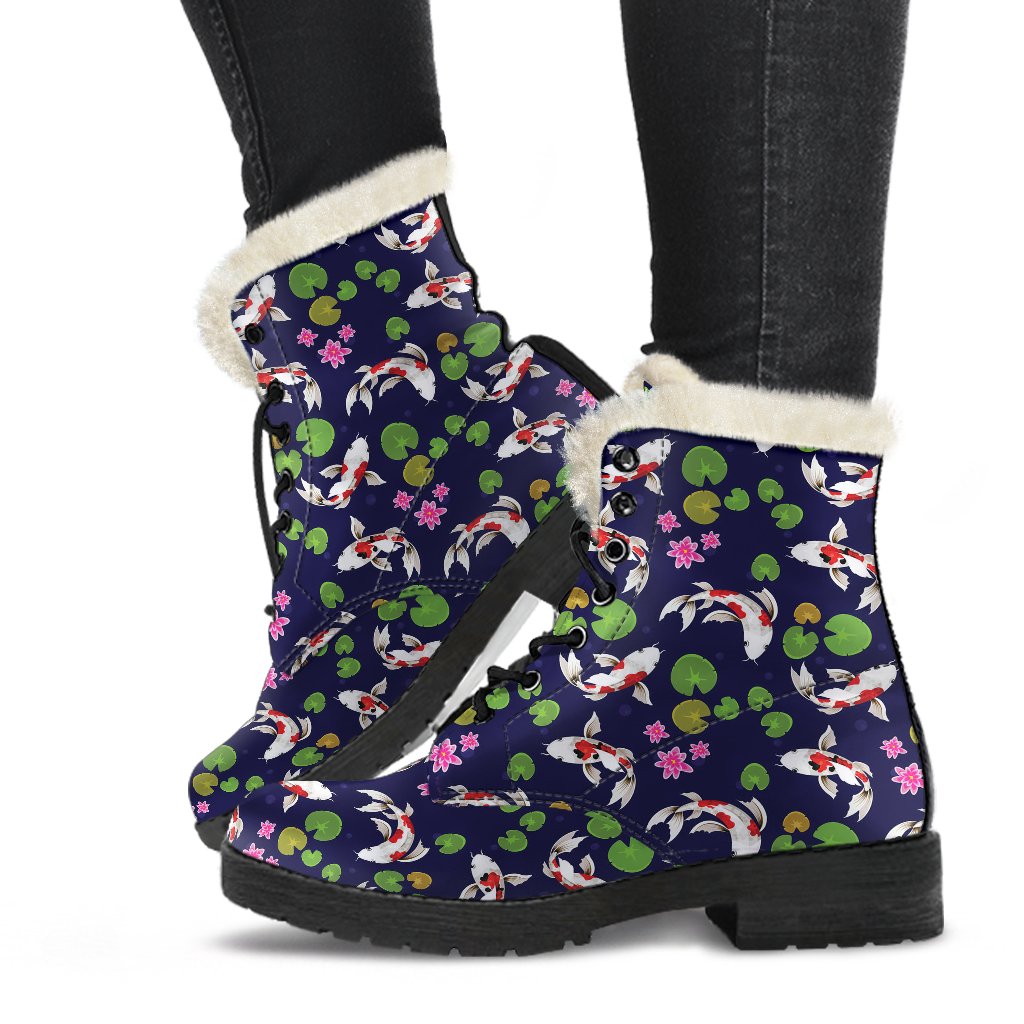 Koi Carp Pattern Design Themed Print Faux Fur Leather Boots-JTAMIGO.COM