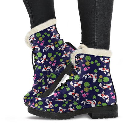 Koi Carp Pattern Design Themed Print Faux Fur Leather Boots-JTAMIGO.COM
