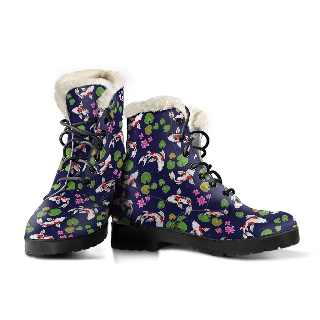 Koi Carp Pattern Design Themed Print Faux Fur Leather Boots-JTAMIGO.COM
