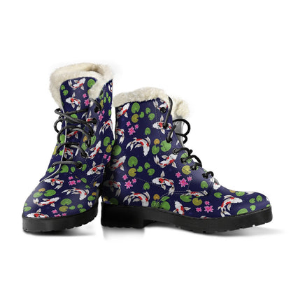 Koi Carp Pattern Design Themed Print Faux Fur Leather Boots-JTAMIGO.COM