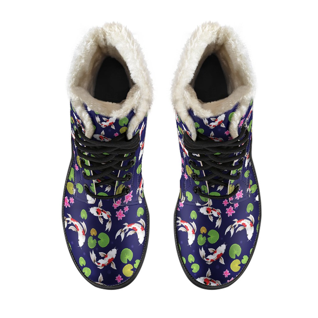 Koi Carp Pattern Design Themed Print Faux Fur Leather Boots-JTAMIGO.COM