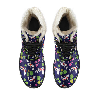 Koi Carp Pattern Design Themed Print Faux Fur Leather Boots-JTAMIGO.COM