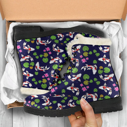 Koi Carp Pattern Design Themed Print Faux Fur Leather Boots-JTAMIGO.COM