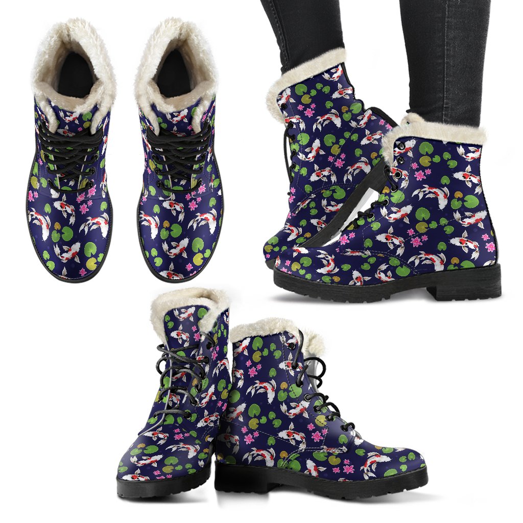 Koi Carp Pattern Design Themed Print Faux Fur Leather Boots-JTAMIGO.COM