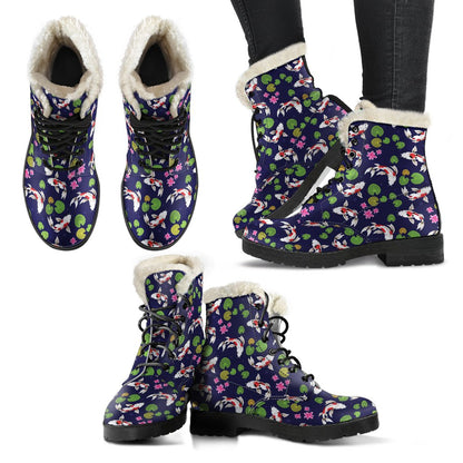 Koi Carp Pattern Design Themed Print Faux Fur Leather Boots-JTAMIGO.COM
