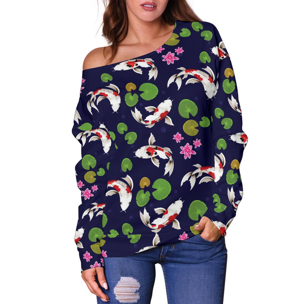 Koi Carp Pattern Design Themed Print Off Shoulder Sweatshirt