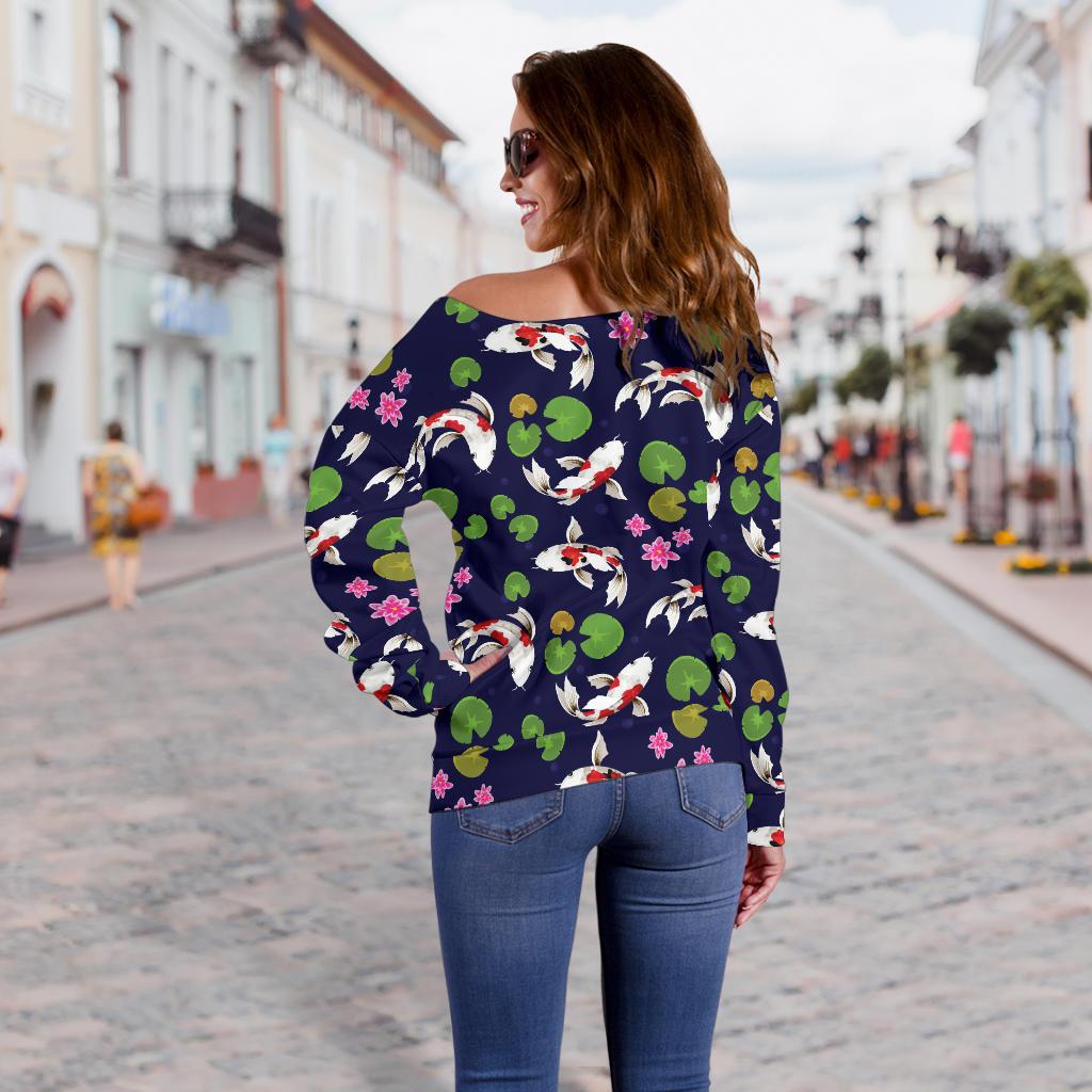 Koi Carp Pattern Design Themed Print Off Shoulder Sweatshirt
